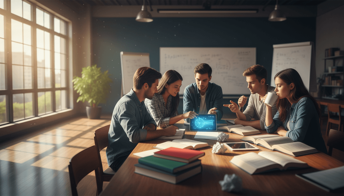 Physics students collaborating at a study table with textbooks and notes