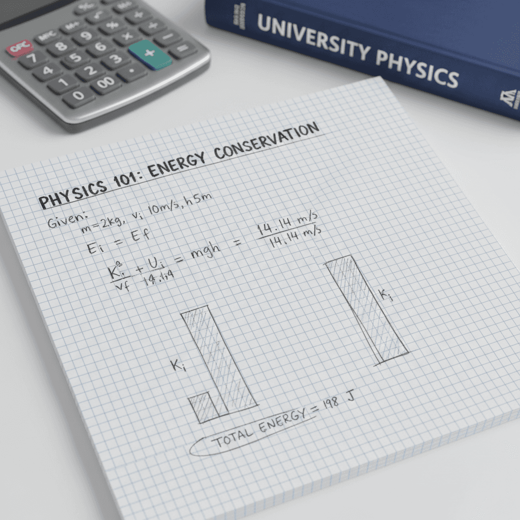 Solved physics problem with calculations and diagram