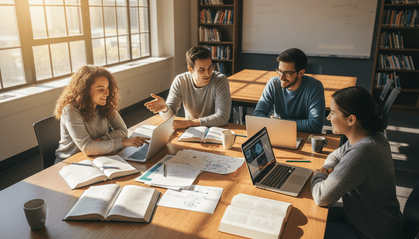 Physics students collaborating together at a study table with natural light
