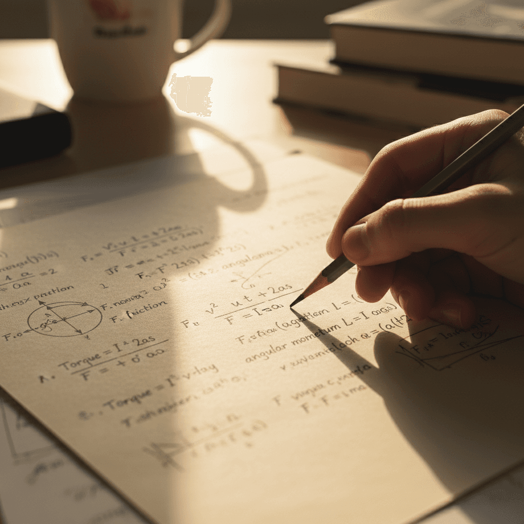 Student working through handwritten physics practice problems
