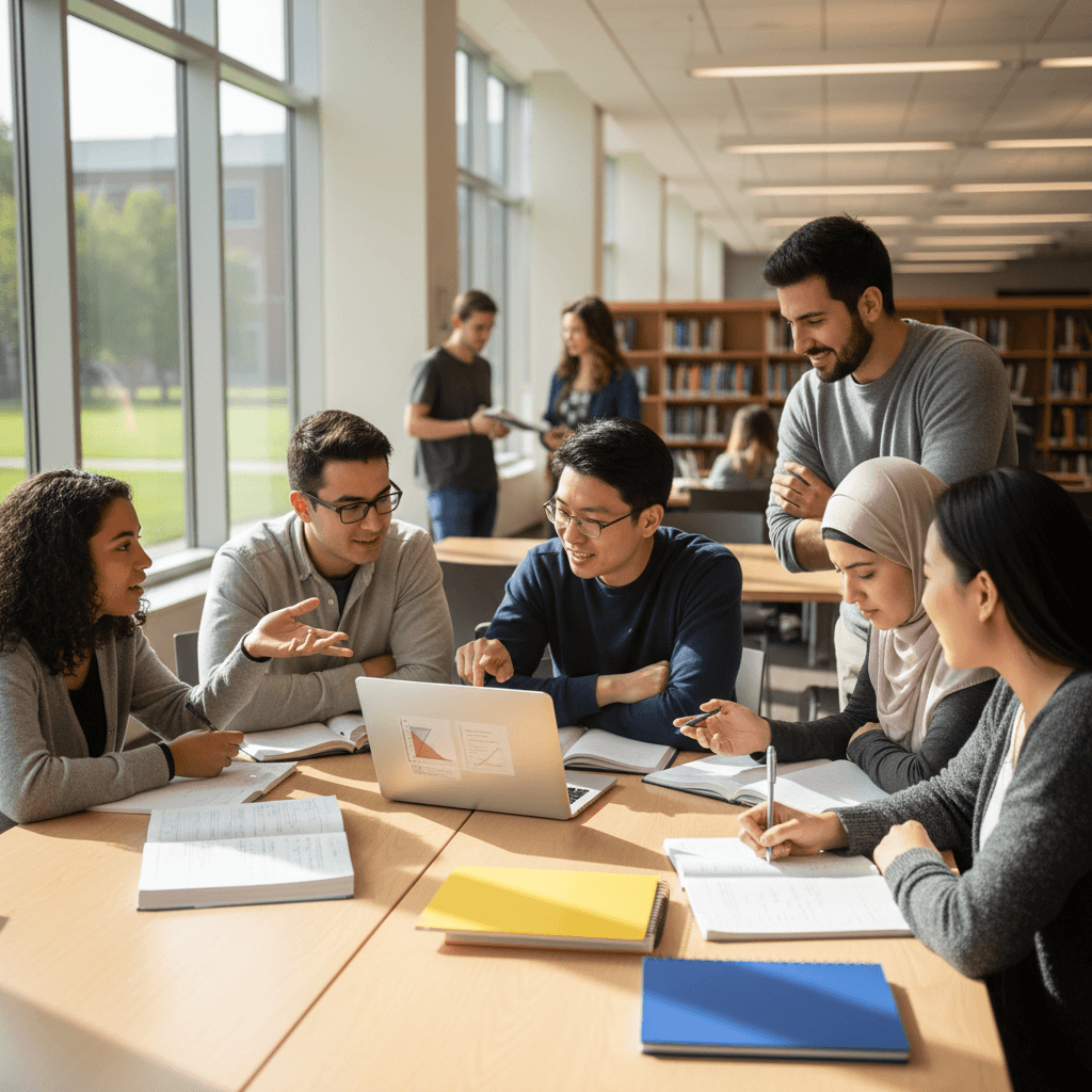Physics students networking and collaborating at a community event