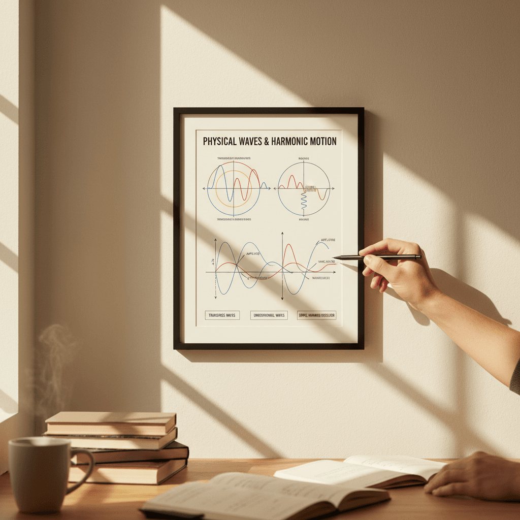 Student studying wave motion diagram on wall