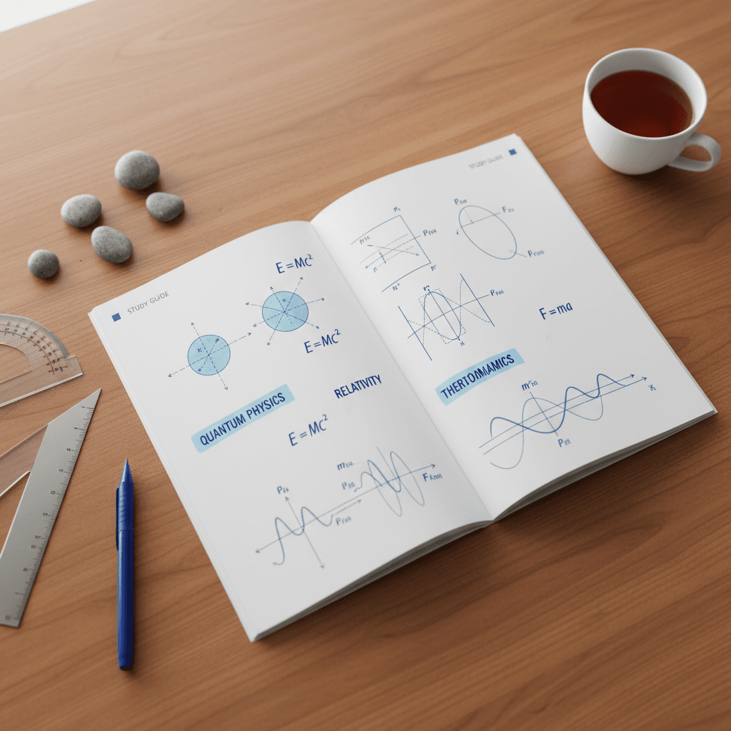 Physics study guide with formulas and diagrams displayed on desk