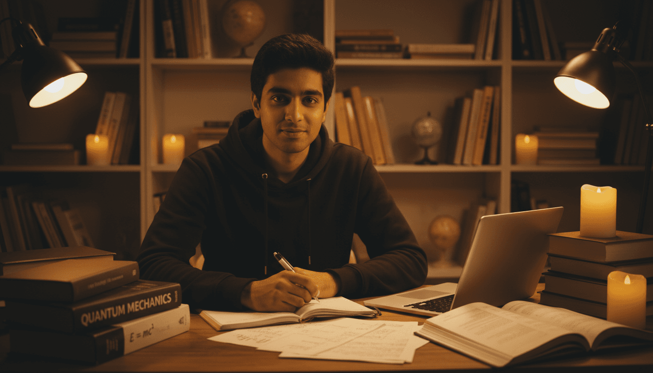 Founder at study desk surrounded by physics materials, warm evening lighting