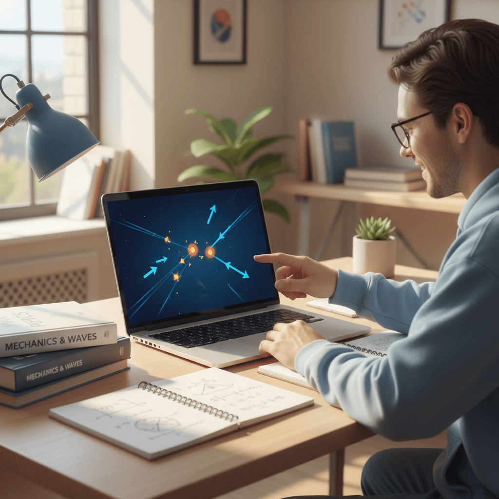 Student interacting with an interactive physics simulation on laptop