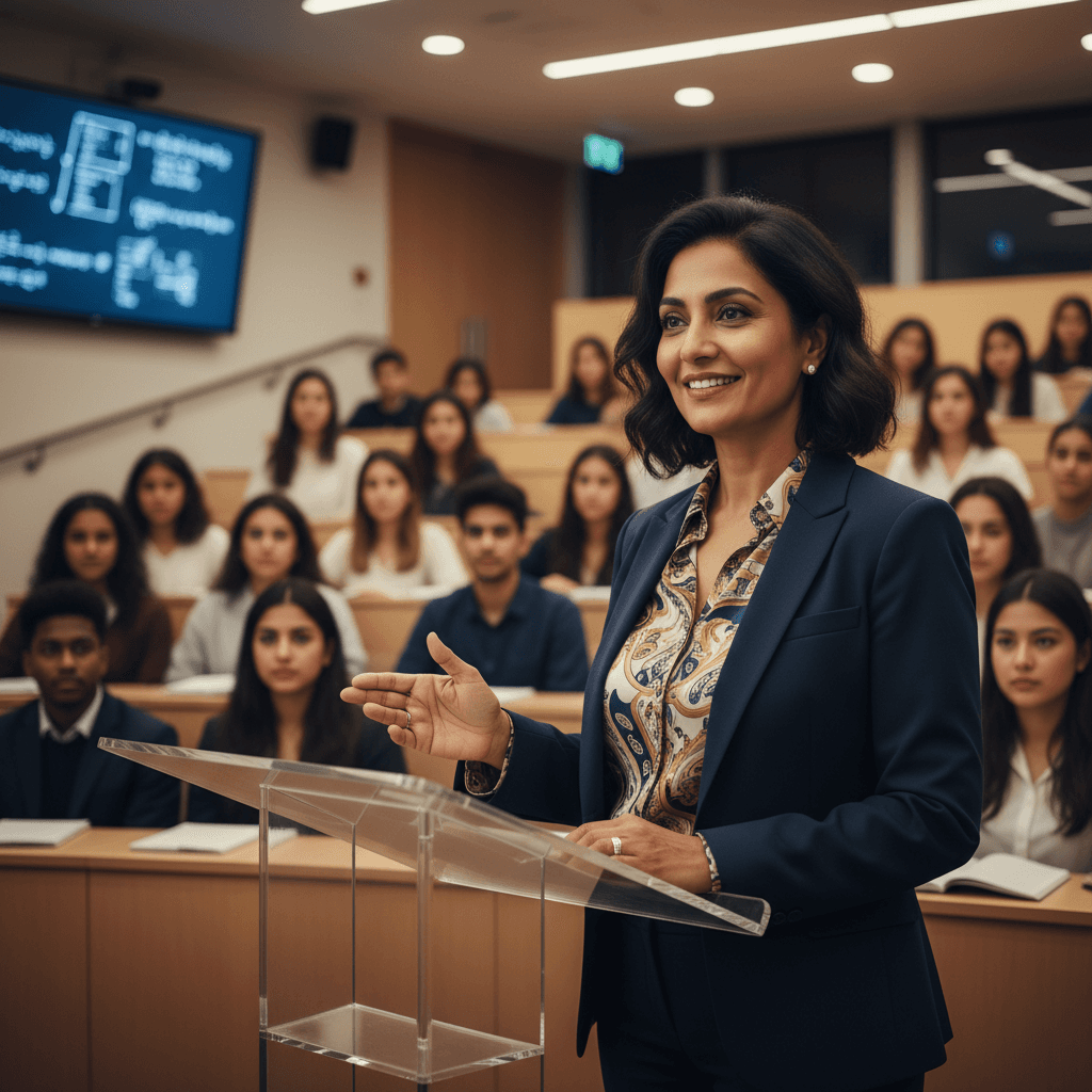 Physics professor delivering a guest lecture to engaged students