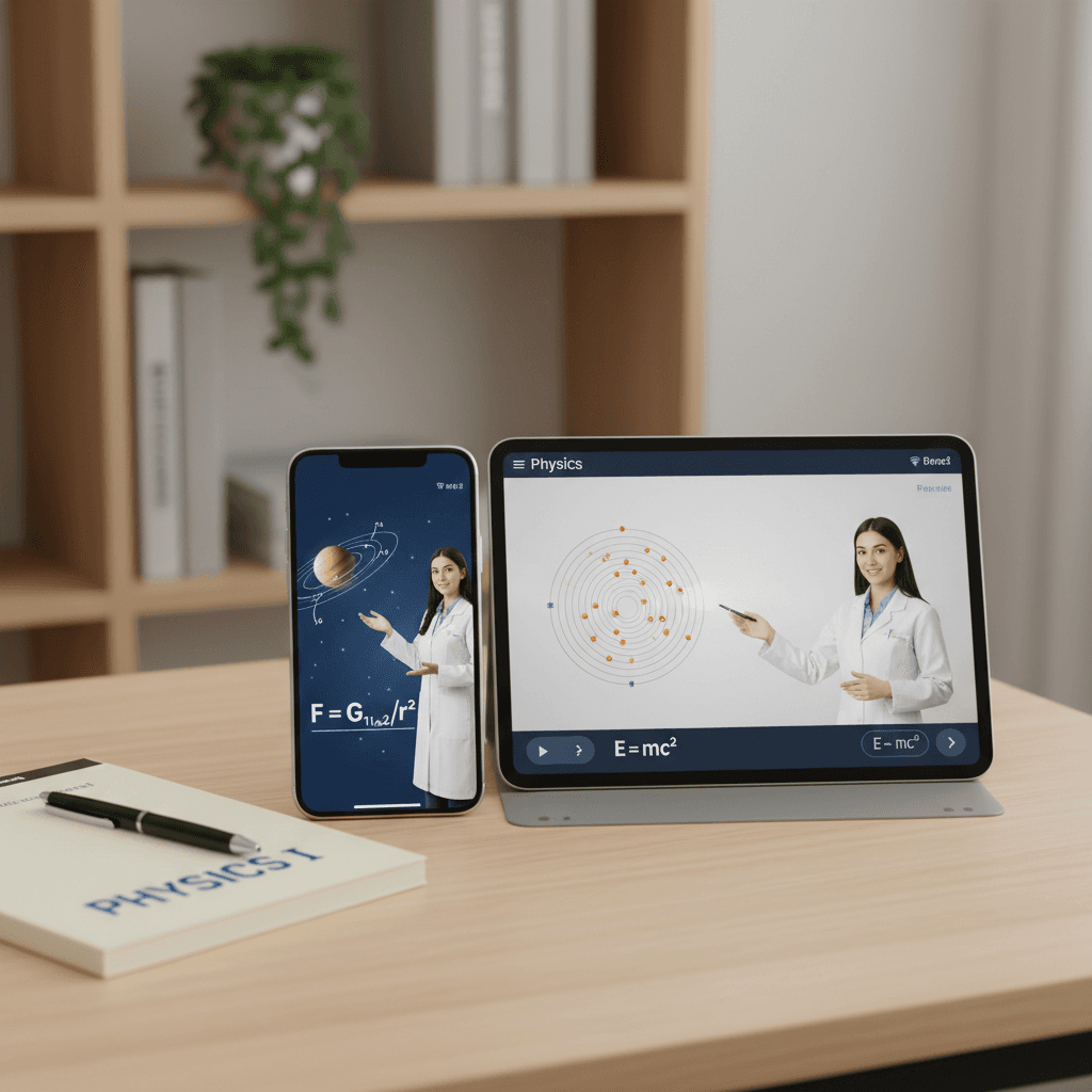 Mobile devices displaying physics video tutorials with animated explanations