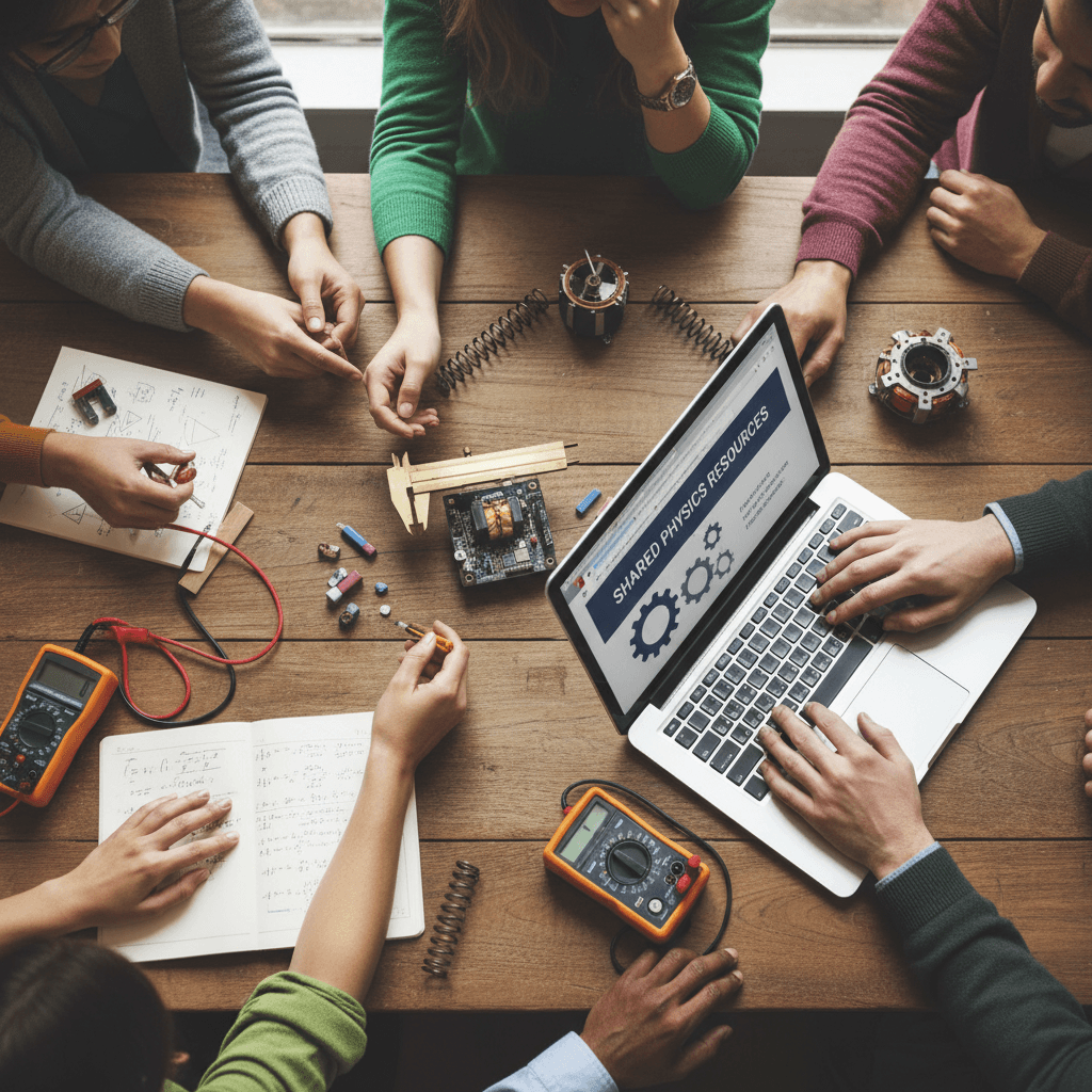 A warm, inclusive aesthetic close-up shot of diverse hands gathered around a table with physics lab equipment, notes, and a laptop displaying shared resources.