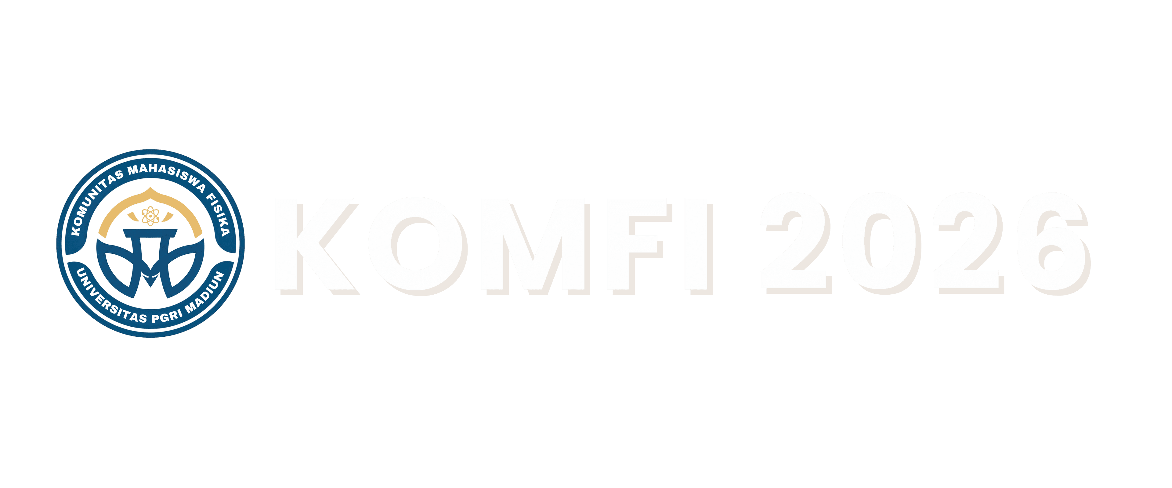 Blue and gold logo for Komunitas Mahasiswa Fisika, Universitas PGRI Madiun, next to 'KOMFI 2026'.